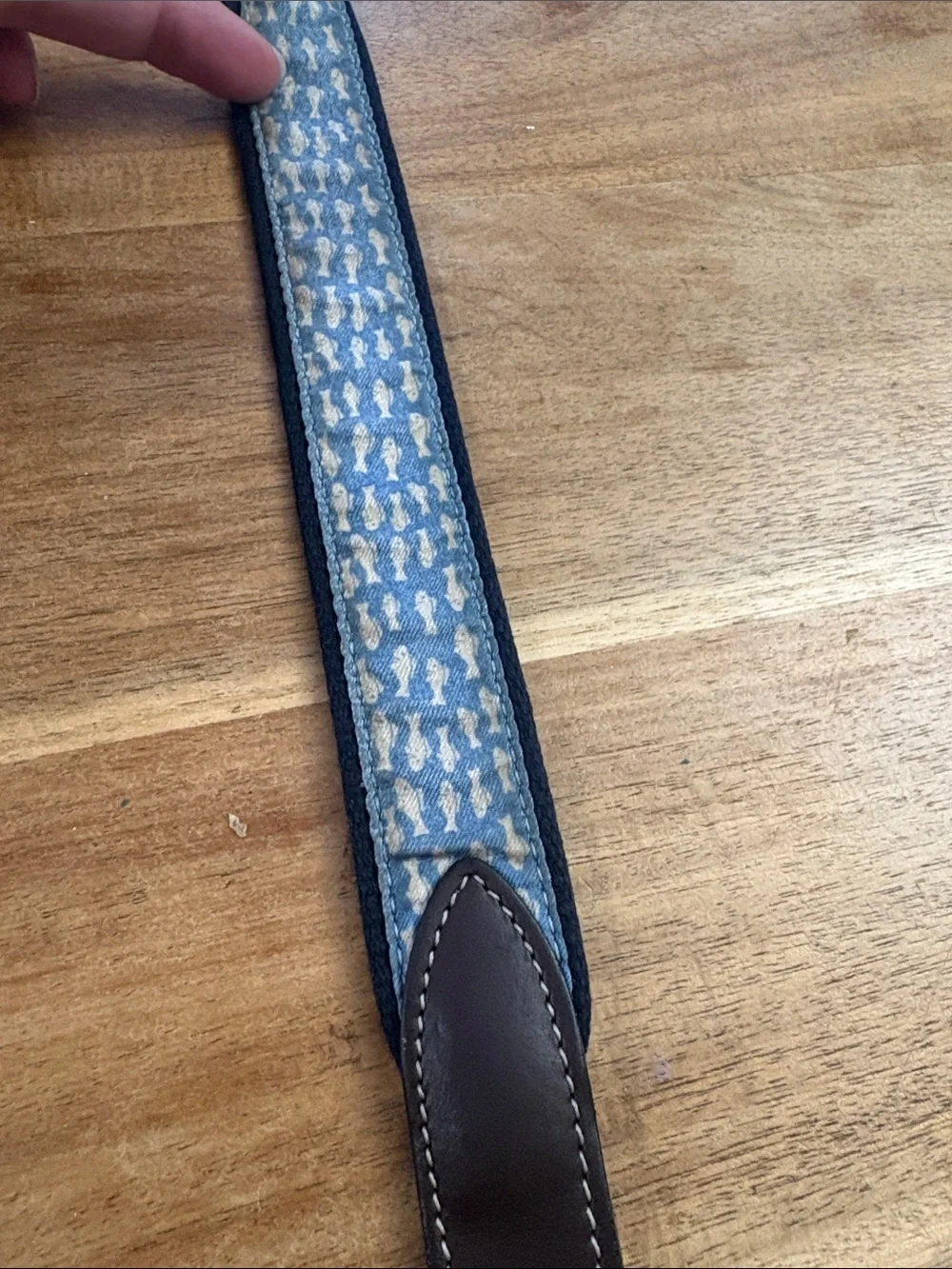 Vineyard Vines Navy Patterned Canvas Belt with Brown Leather Trim